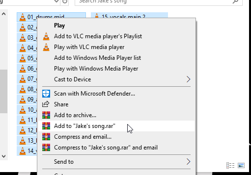 Right-click context menu in Windows showing Add to archive option using WinRAR
