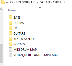 Example of an album project folder with one subfolder per song in Windows Explorer