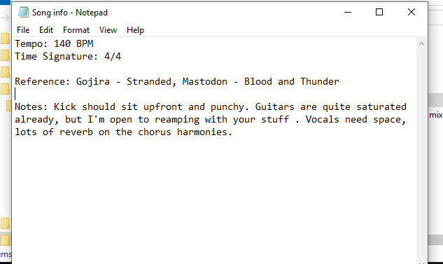 A plain text song info file open in Notepad showing tempo, time signature, references and mixing notes